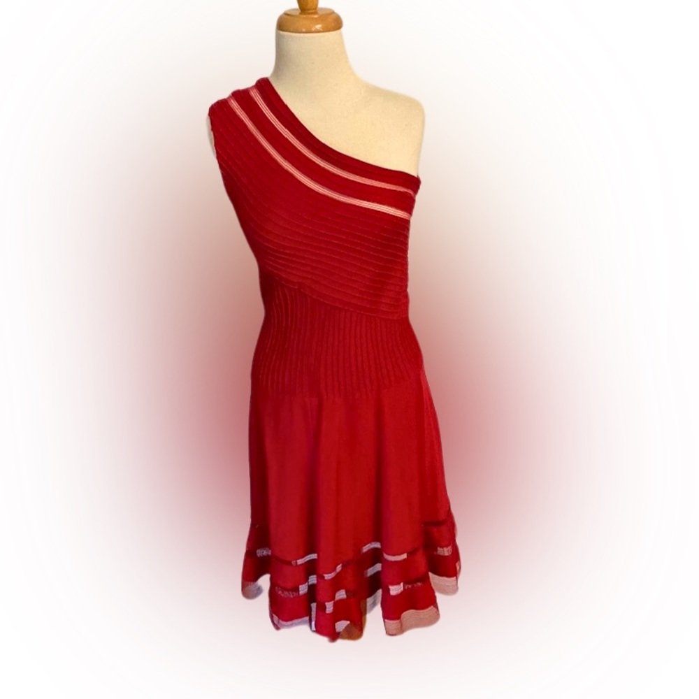 One-shoulder Red Tadashi Fit and Flare Dress, size S